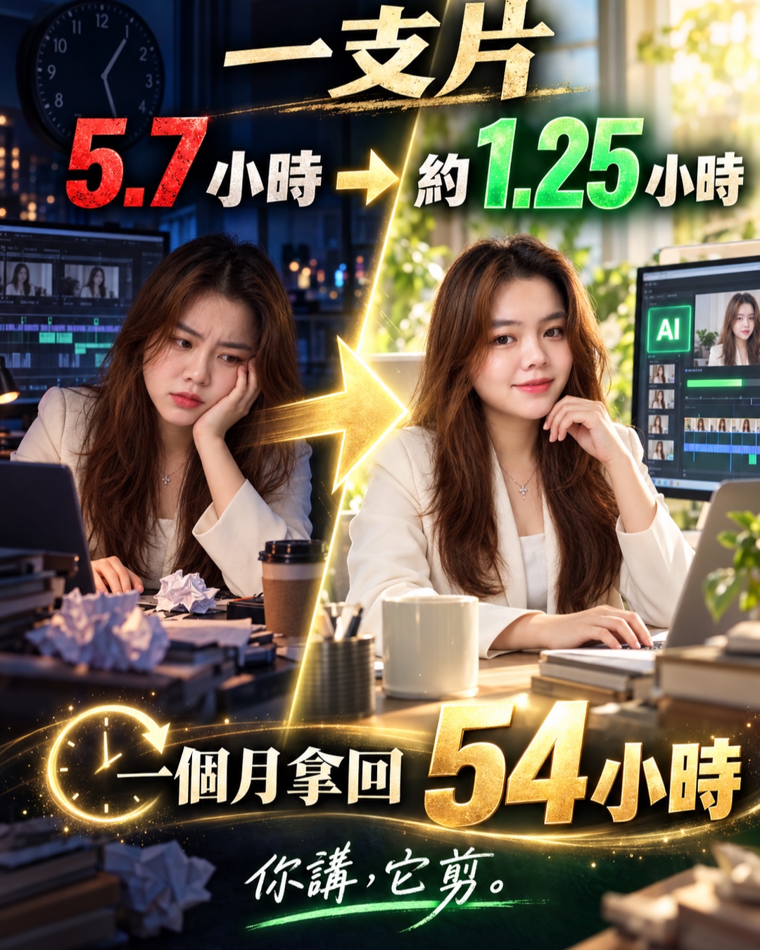 Scarlett 的時間成本對比圖，一支影片由 5.7 小時縮短到約 1.25 小時，每月拿回 54 小時