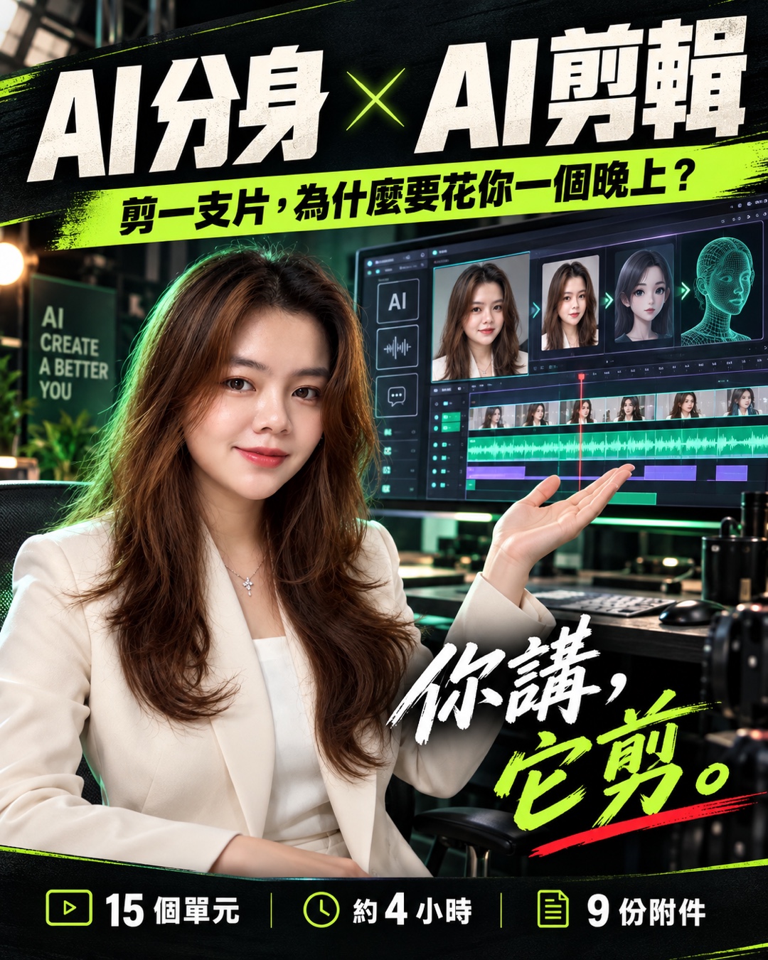 Scarlett 的 AI 分身與 AI 剪輯課程宣傳圖，主張你講、AI 剪，包含 15 個單元、約 4 小時與 9 份附件