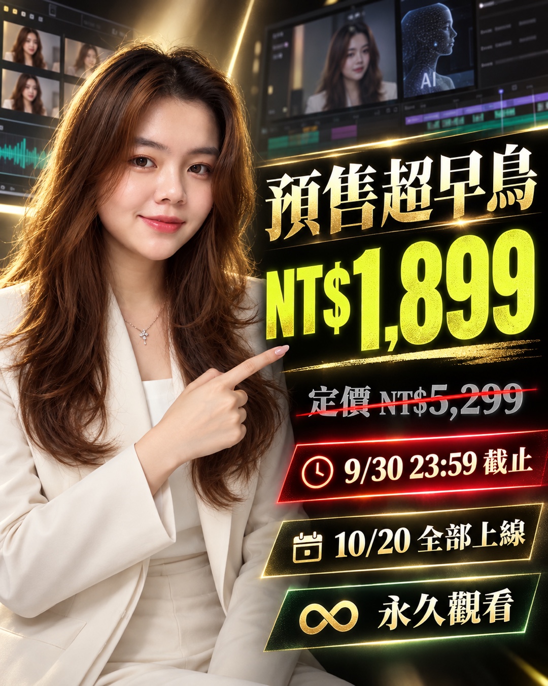 Scarlett 的課程預售圖，超早鳥 NT$1,899，定價 NT$5,299，9 月 30 日 23:59 截止，10 月 20 日全部上線