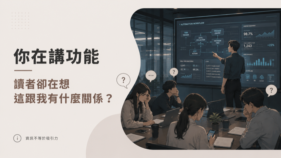 你在講功能，讀者卻在想這跟我有什麼關係
