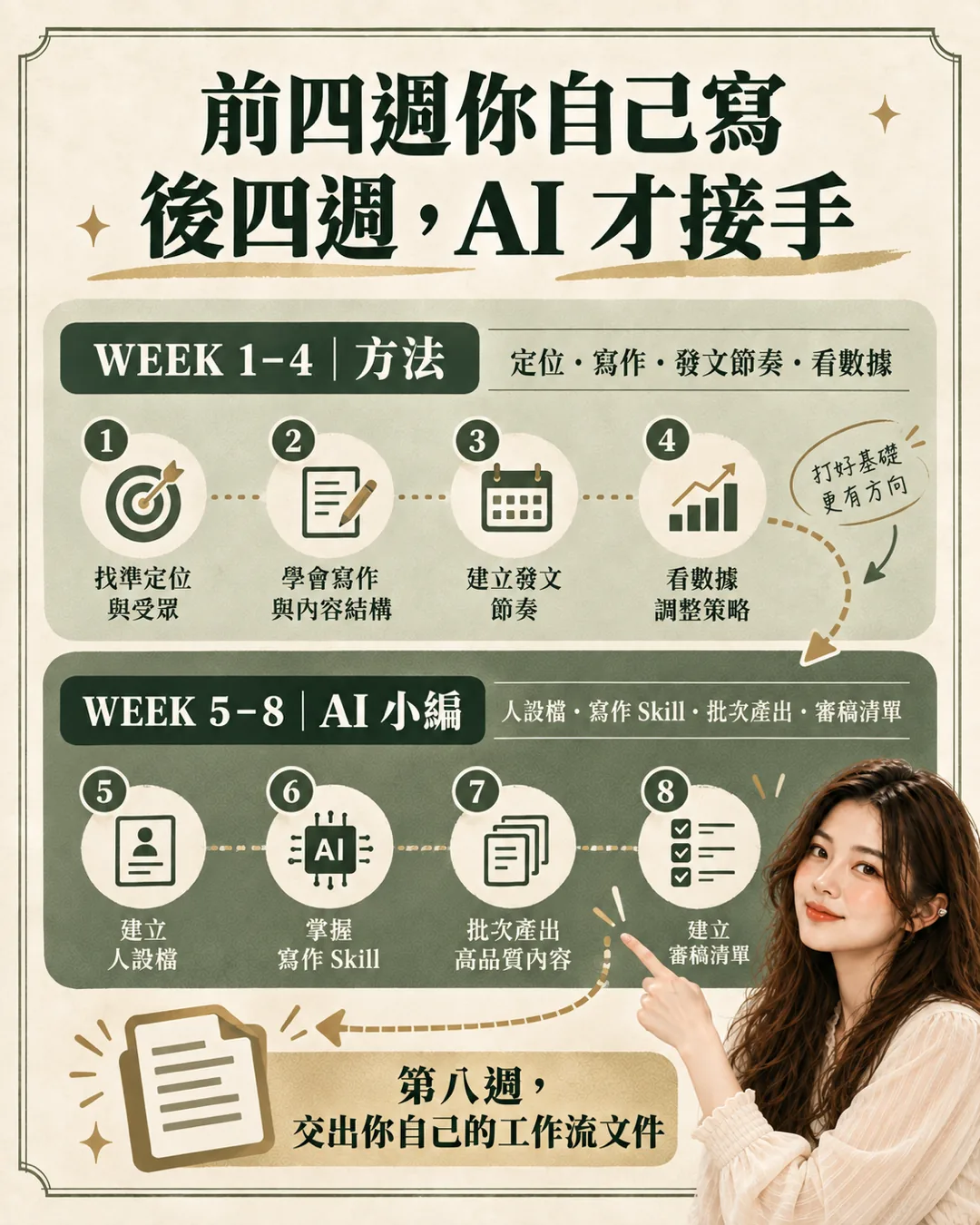八週路線圖:前四週定位、寫作、發文節奏、看數據;後四週人設檔、寫作 Skill、批次產出、審稿清單,第八週交出工作流文件