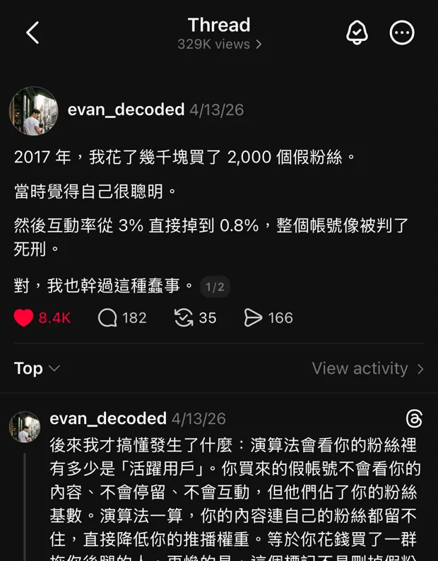 其他 Threads 帳號經營案例，單篇 32.9 萬次觀看與 8,400 個讚