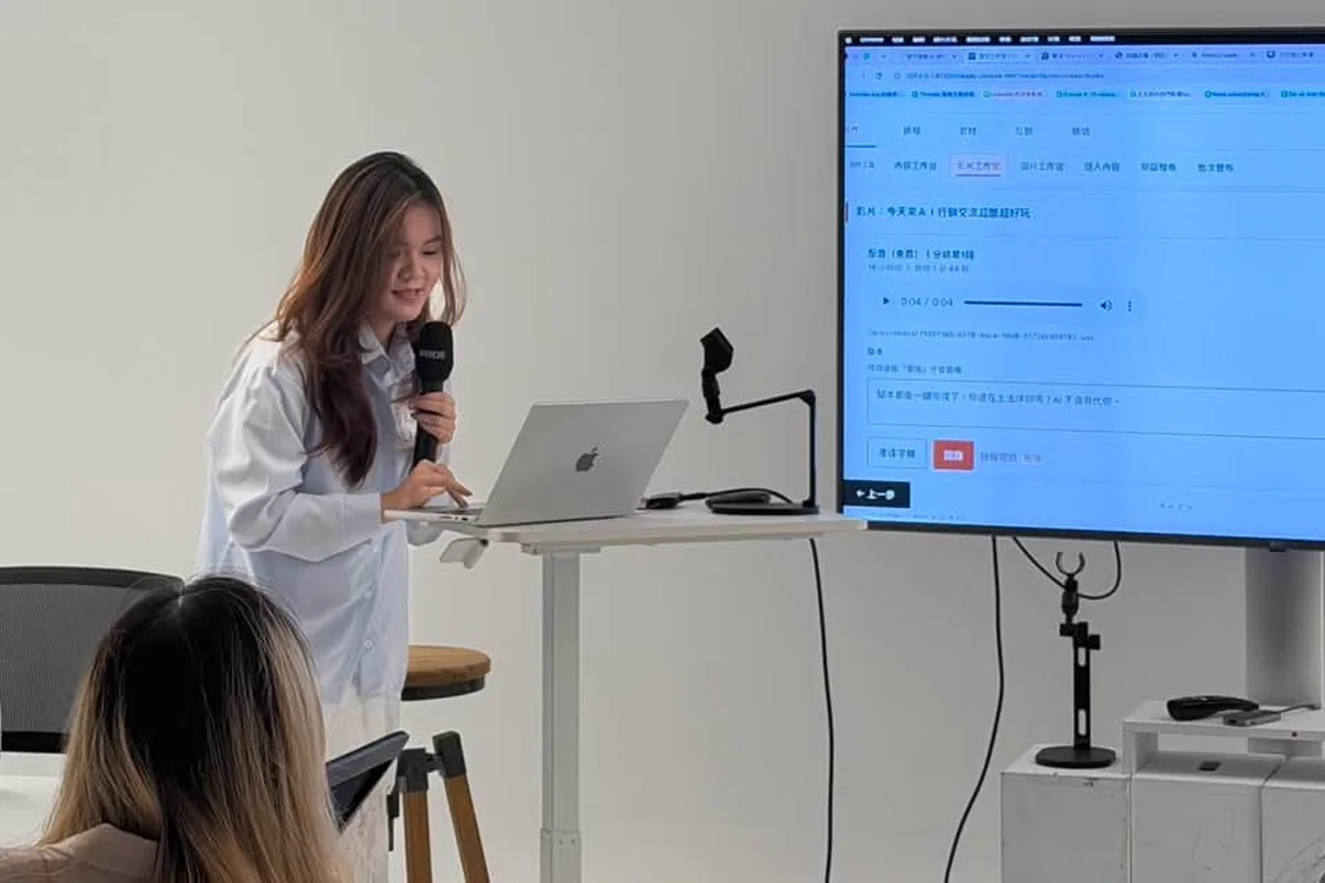 Scarlett 在行銷人小聚現場操作自製的內容工作台，示範一支影片如何變成可發布的貼文